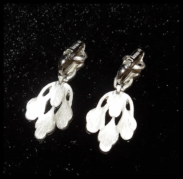 Vintage Crown Trifari Silver tone Drop Dangle Clip Earrings - 3