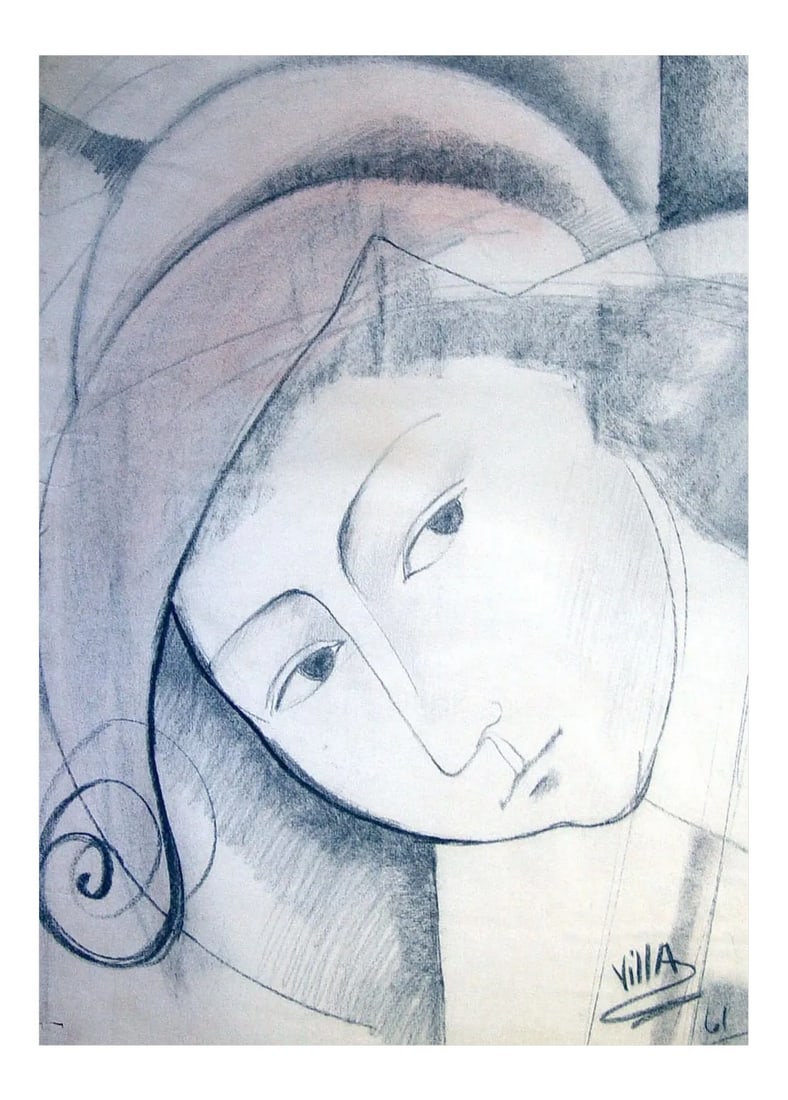 Modernist Portrait Drawing by Villa 1961: Bold modernist portrait signed Villa 1961. Pencil & charcoal on paper. Unframed. Piece has edge tears & losses, tape residue on reverse Condition: Alterations: Original Condition Unaltered Imperfectio