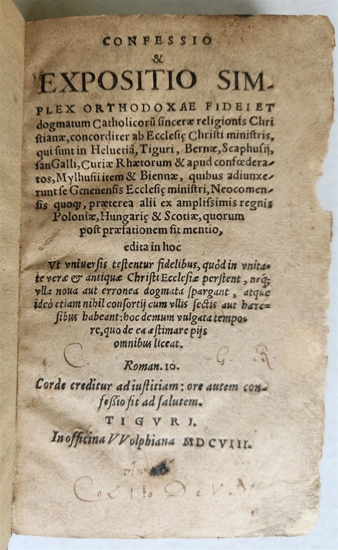 1608 Confessio & expositio simplex orthodoxae fidei ZURICH antique: Title: 1608 Confessio & expositio simplex orthodoxae fidei ZURICH antique Description: (Bullinger,H.). Confessio & expositio simplex orthodoxae fidei, concorditer ab Ecclesie Christi ministris in Helv