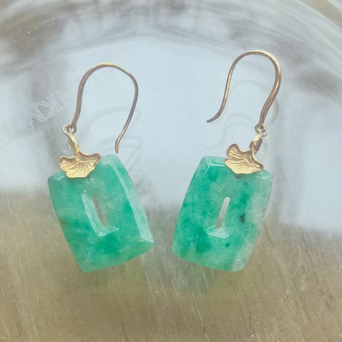 18K Gold Natural Jadeite Jade Earrings Green A Grade Fine Jewelry - 2