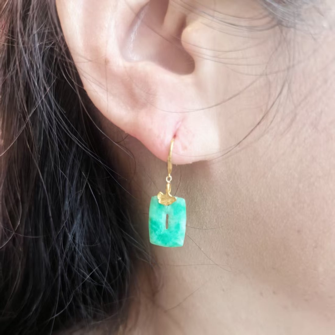18K Gold Natural Jadeite Jade Earrings Green A Grade Fine Jewelry - 4