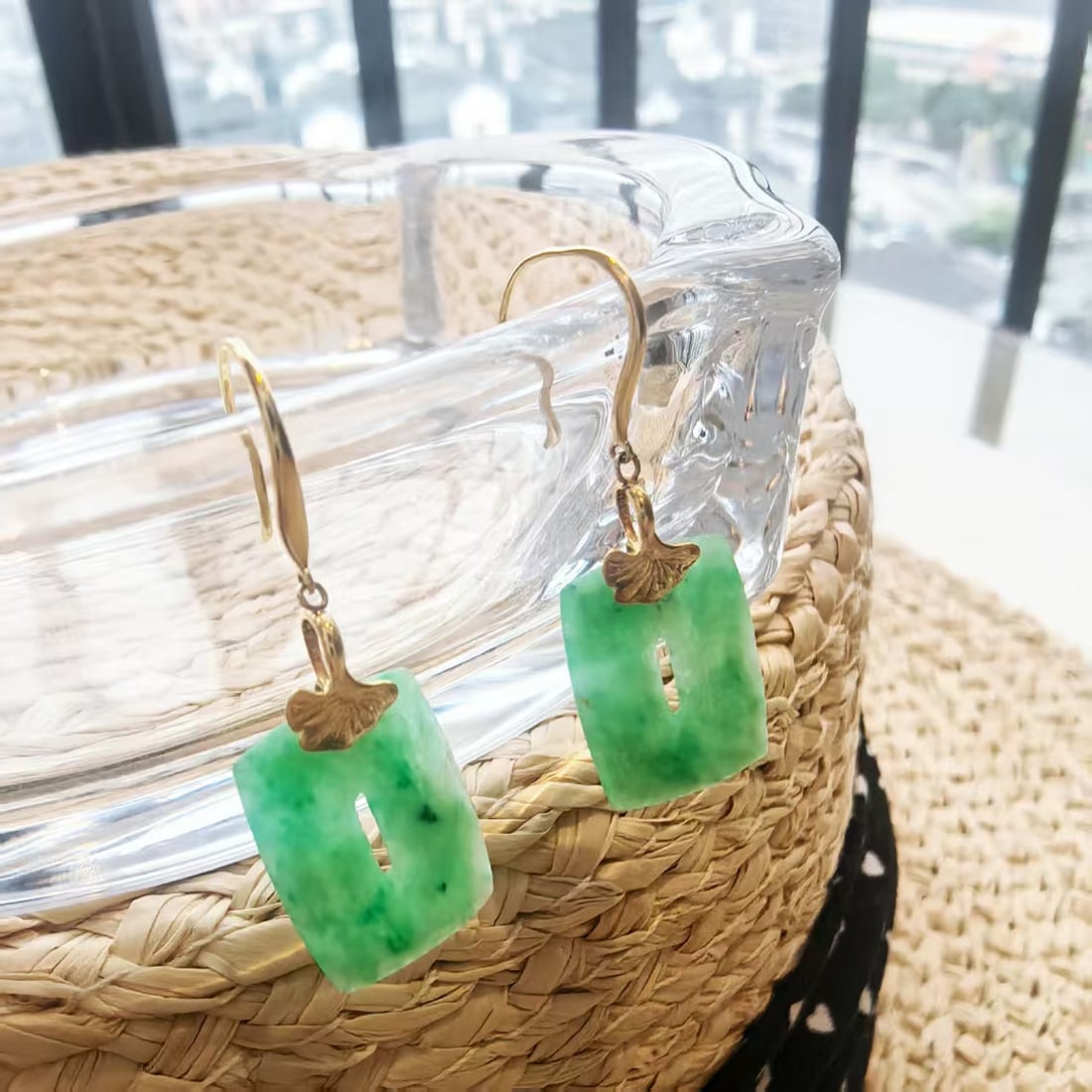 18K Gold Natural Jadeite Jade Earrings Green A Grade Fine Jewelry - 6