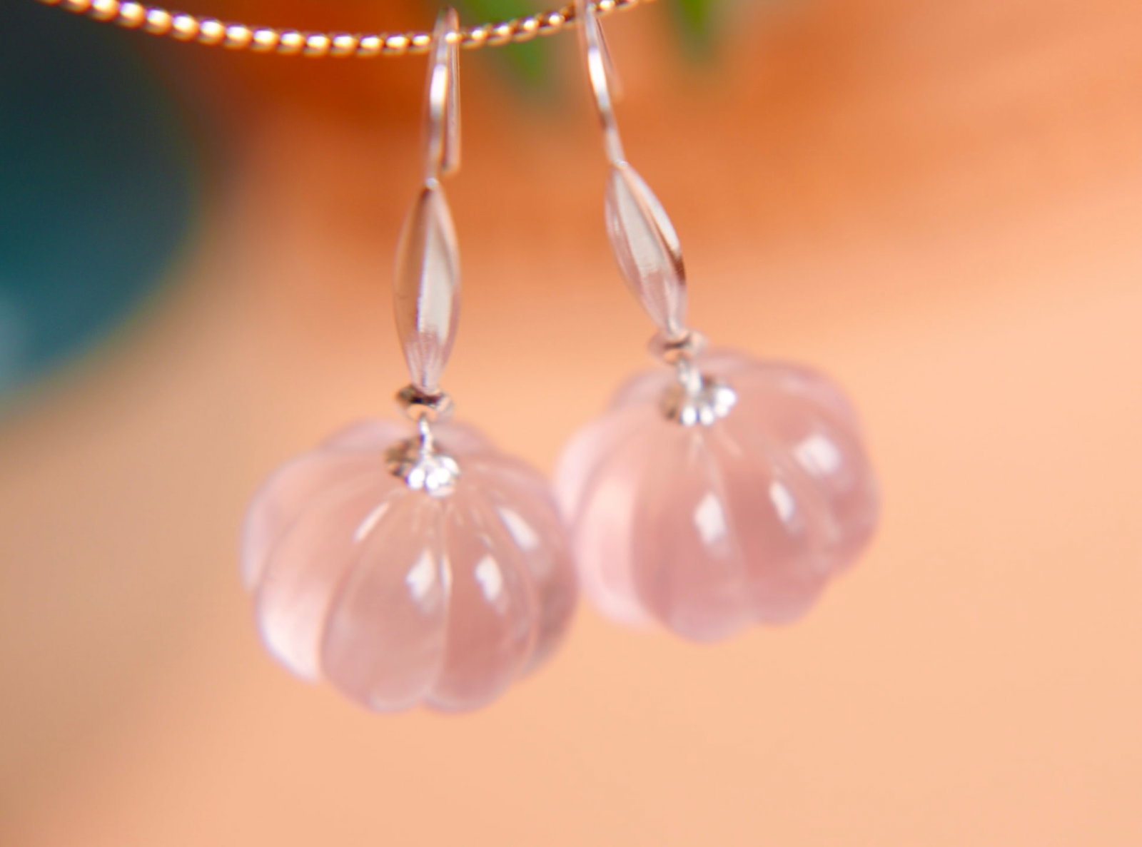 18K Gold Natural Rose Quartz Earrings - 10