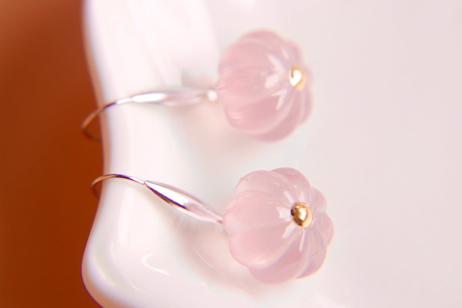 18K Gold Natural Rose Quartz Earrings - 11