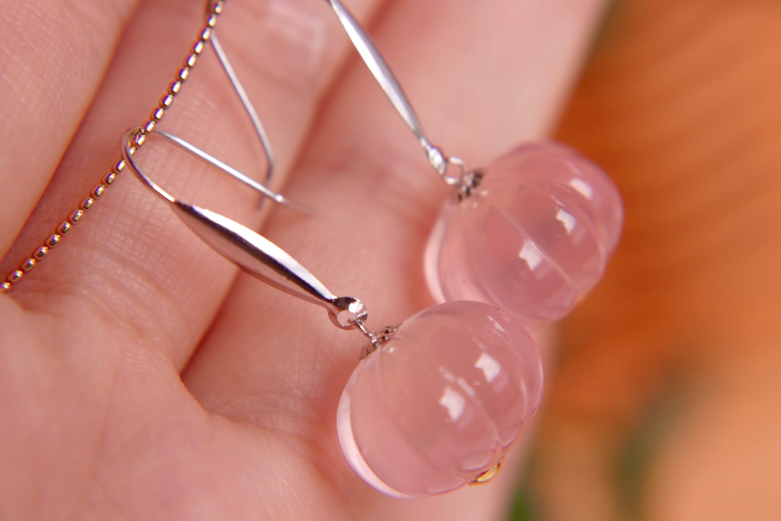 18K Gold Natural Rose Quartz Earrings - 12