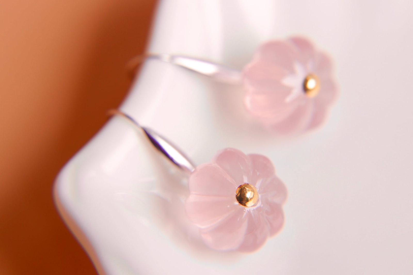 18K Gold Natural Rose Quartz Earrings - 3