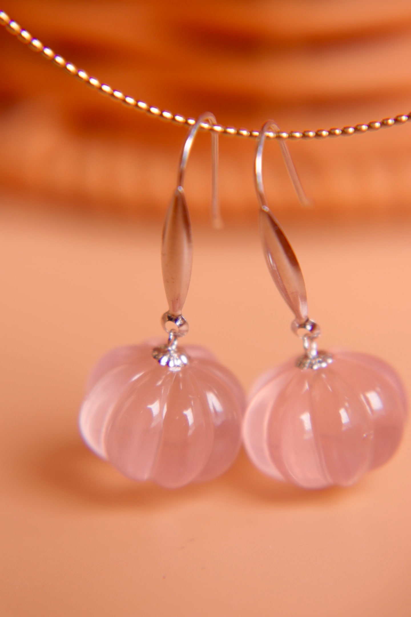 18K Gold Natural Rose Quartz Earrings - 4