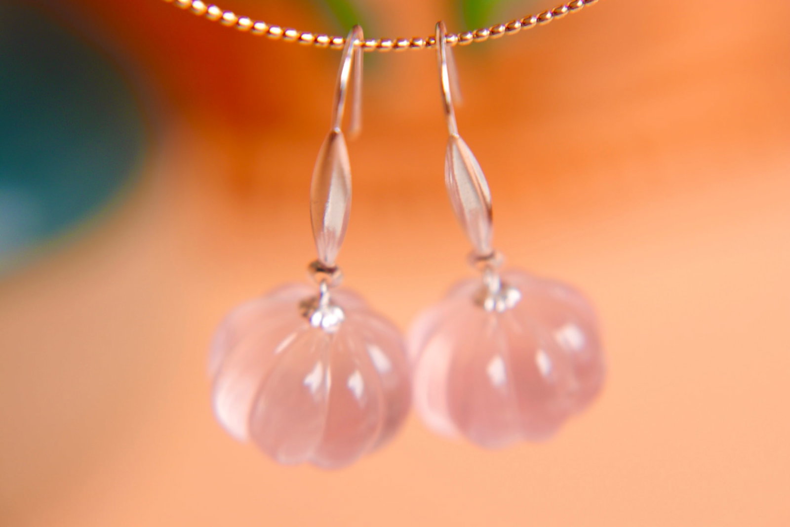 18K Gold Natural Rose Quartz Earrings - 5