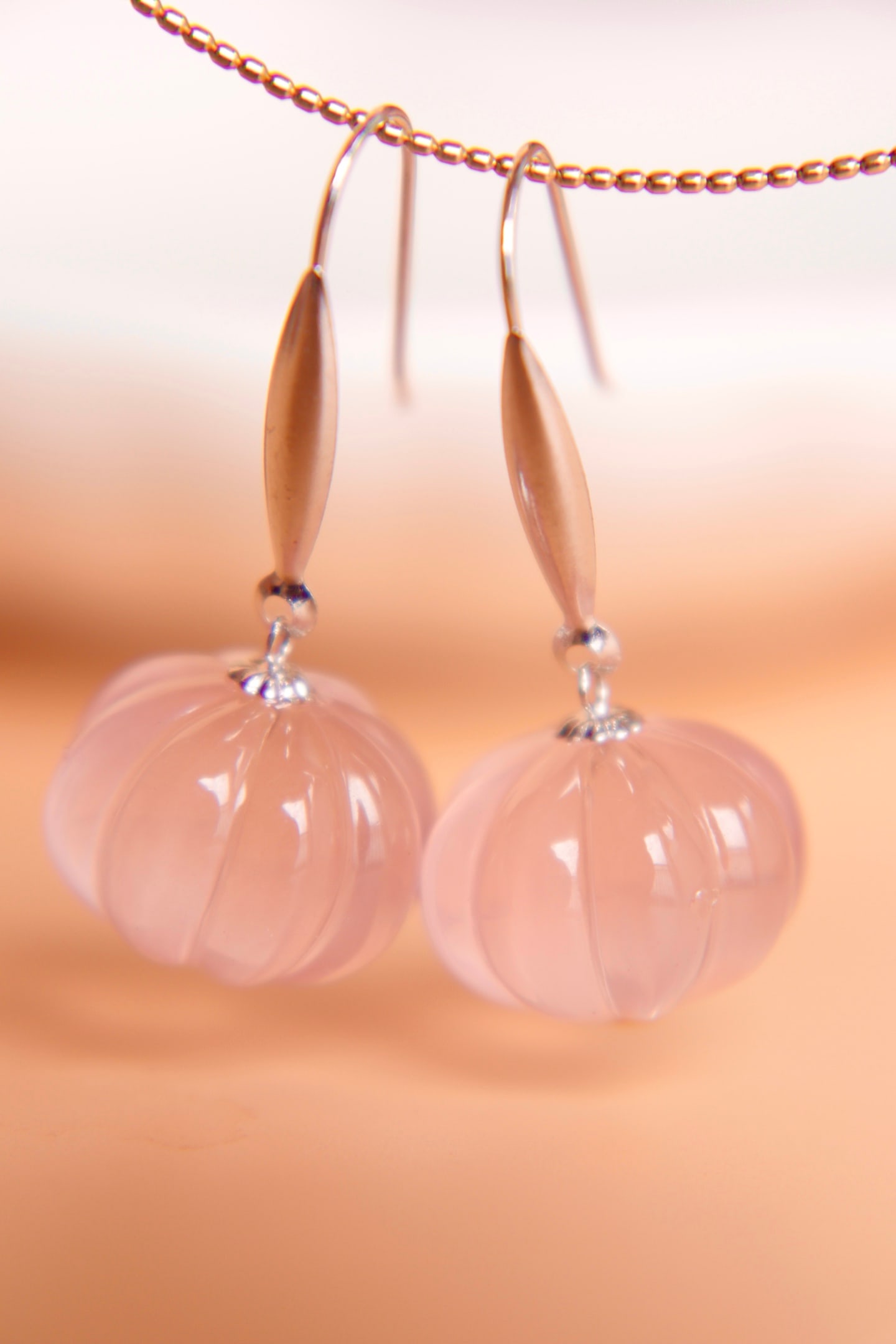 18K Gold Natural Rose Quartz Earrings - 6