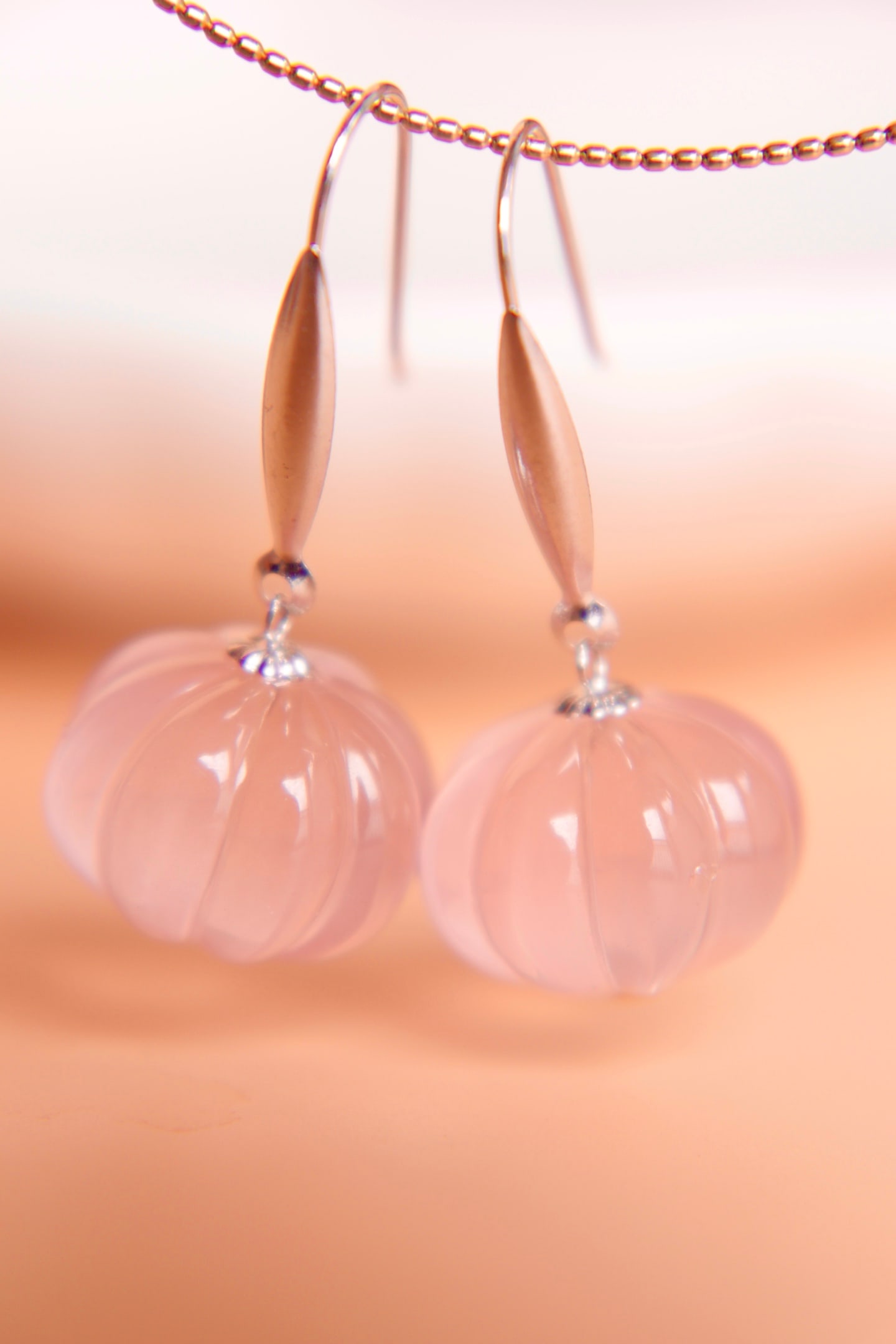18K Gold Natural Rose Quartz Earrings - 7