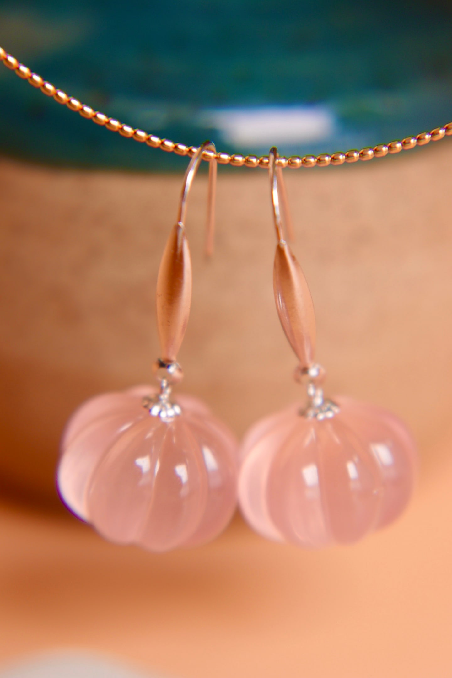 18K Gold Natural Rose Quartz Earrings - 9