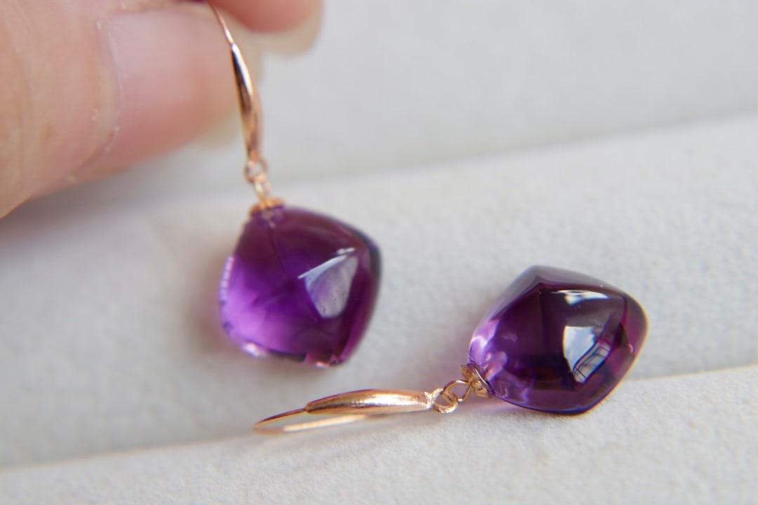 18K Gold Natural Amethyst Earrings - 3