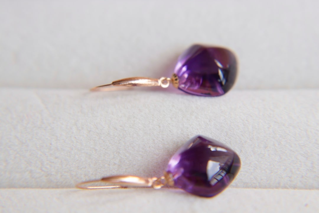 18K Gold Natural Amethyst Earrings - 4