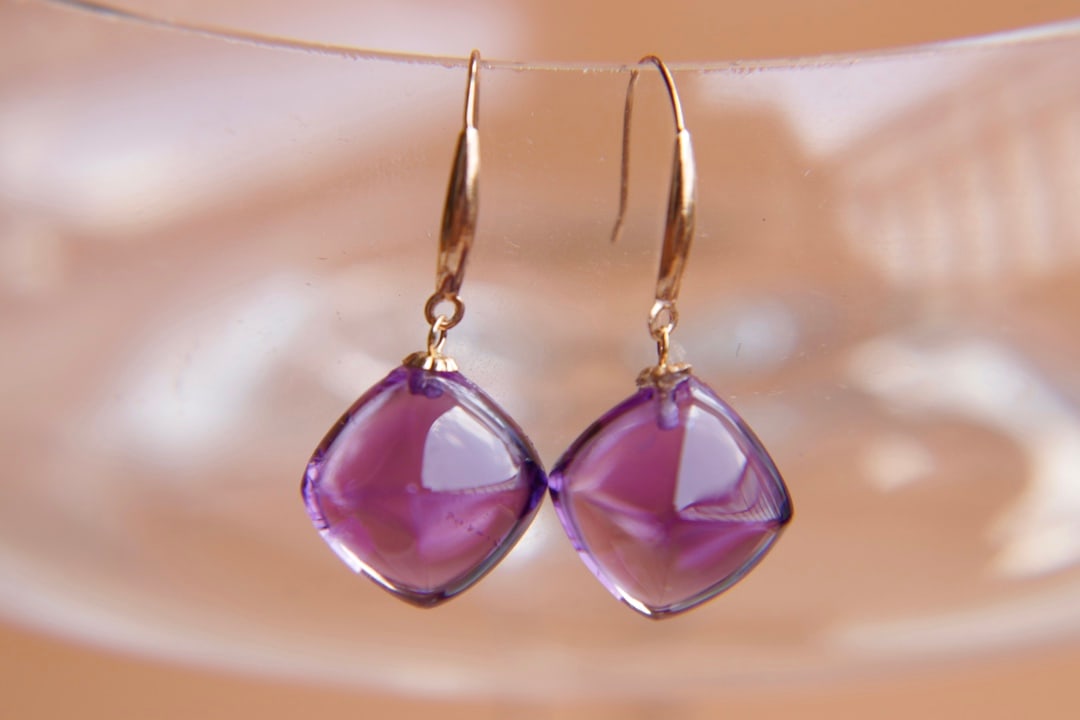 18K Gold Natural Amethyst Earrings - 5