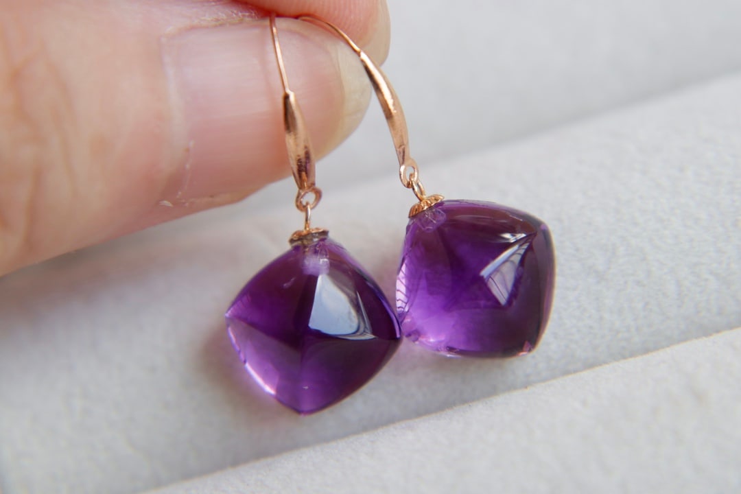 18K Gold Natural Amethyst Earrings - 7