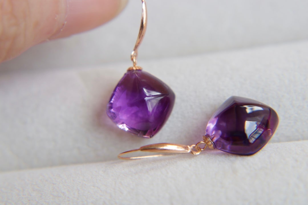 18K Gold Natural Amethyst Earrings - 8