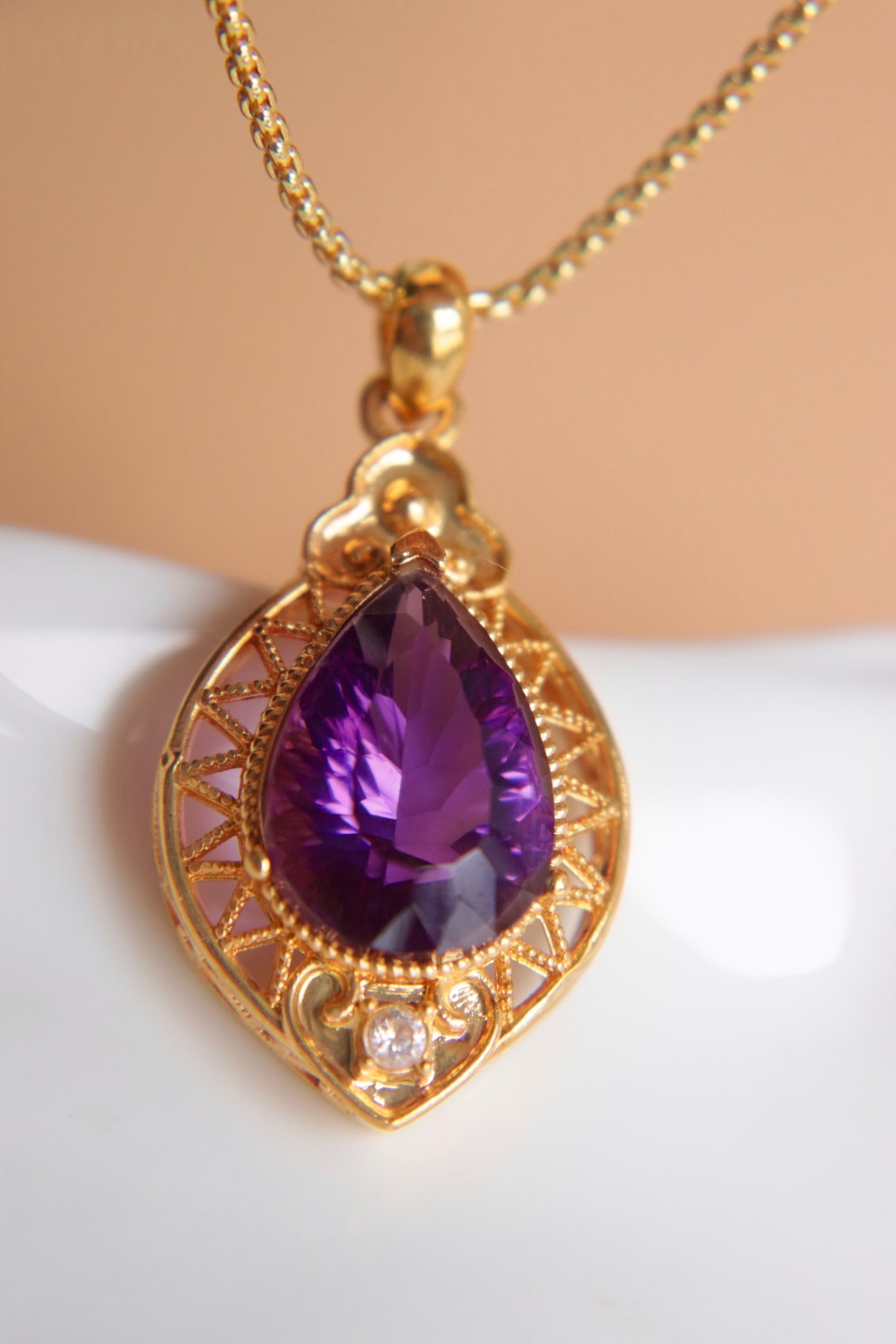 18K Gold Natural Amethyst Pendant - 2