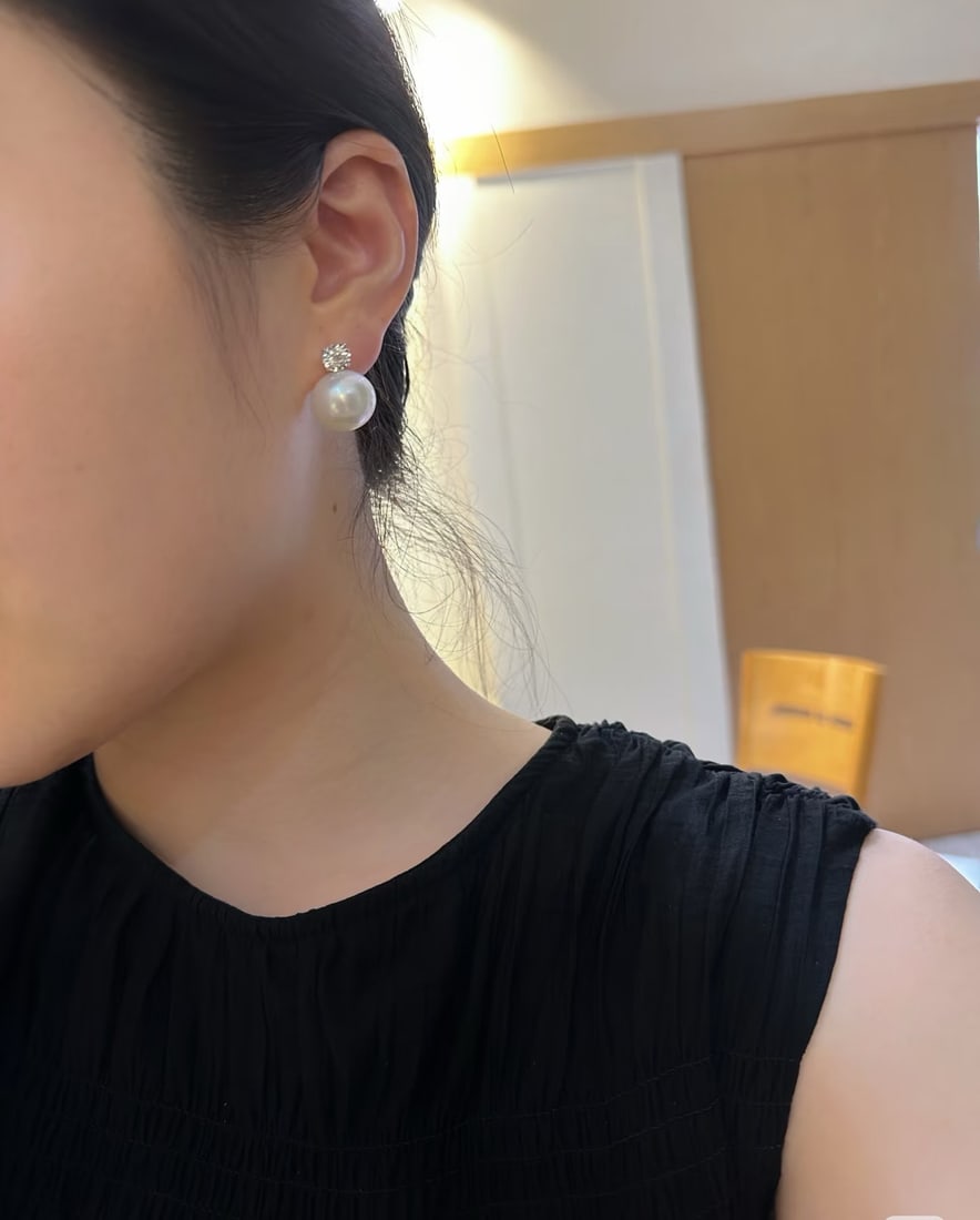 Sterling Silver Large Diameter Australian White Pearl Earrings - 7
