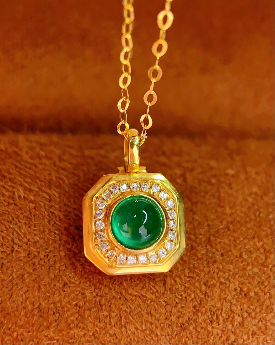 18K Gold Natural Emerald Pendant - 5