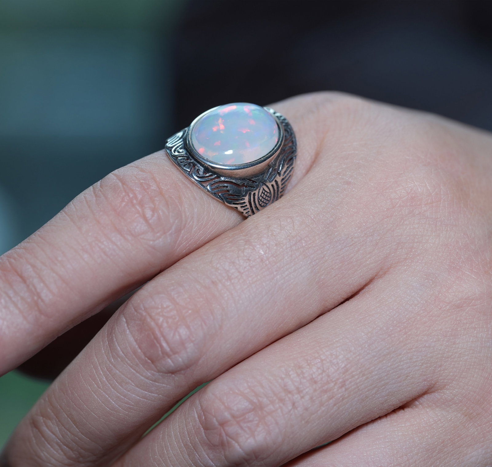 S925 sterling silver ring set with natural opal. Open design, freely adjustable. - 11