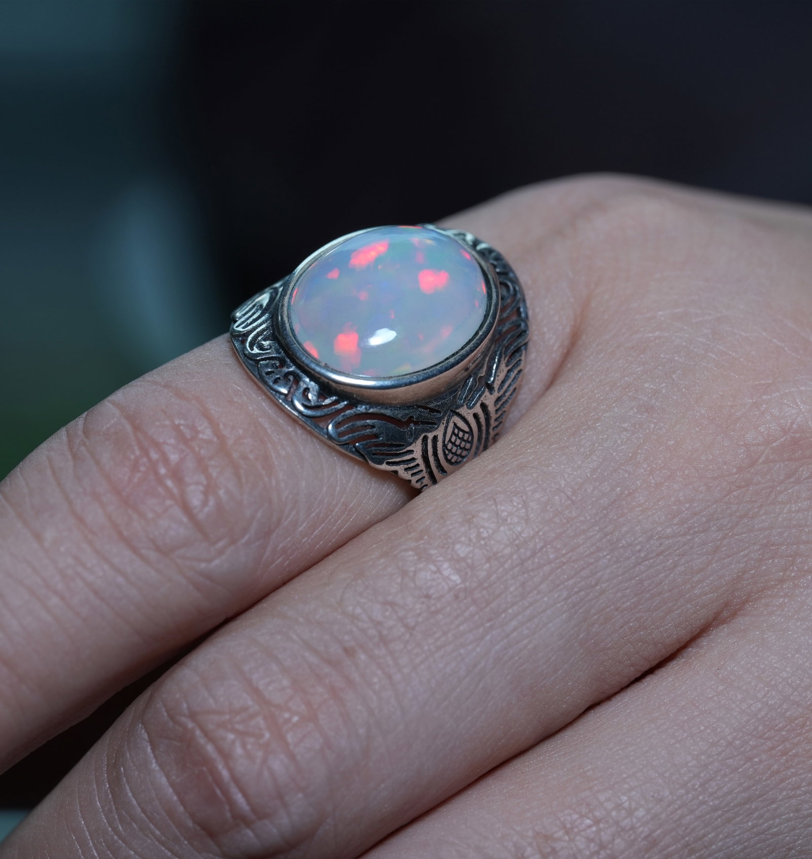 S925 sterling silver ring set with natural opal. Open design, freely adjustable. - 12