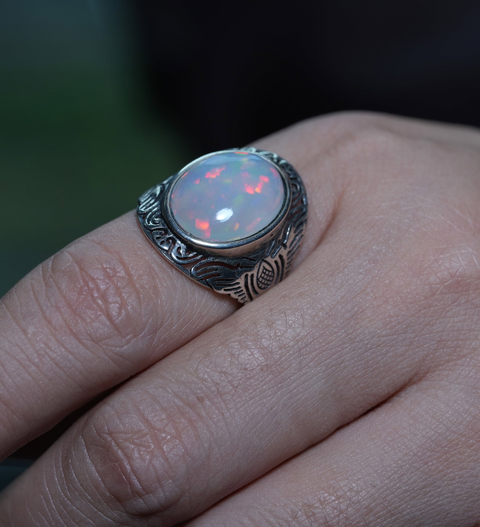 S925 sterling silver ring set with natural opal. Open design, freely adjustable. - 2