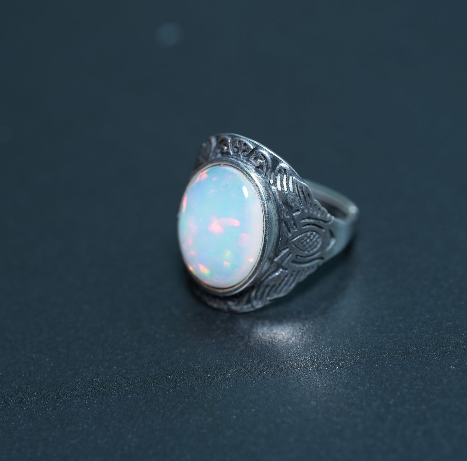 S925 sterling silver ring set with natural opal. Open design, freely adjustable. - 5