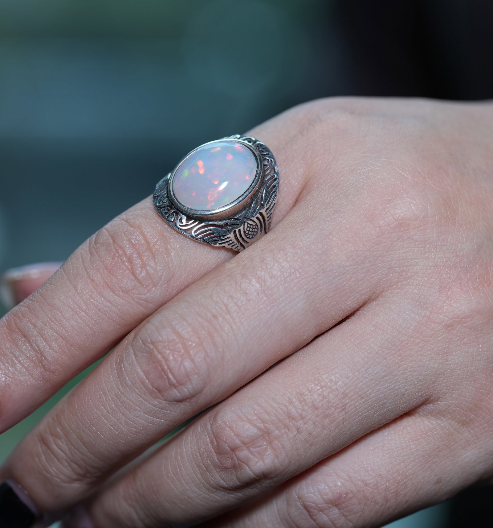 S925 sterling silver ring set with natural opal. Open design, freely adjustable. - 9