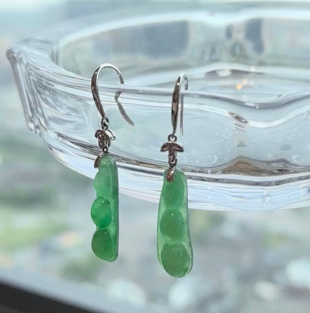 18K White Gold Natural Jadeite Jade Bean Earrings Green A Grade Fine Jewelry - 2