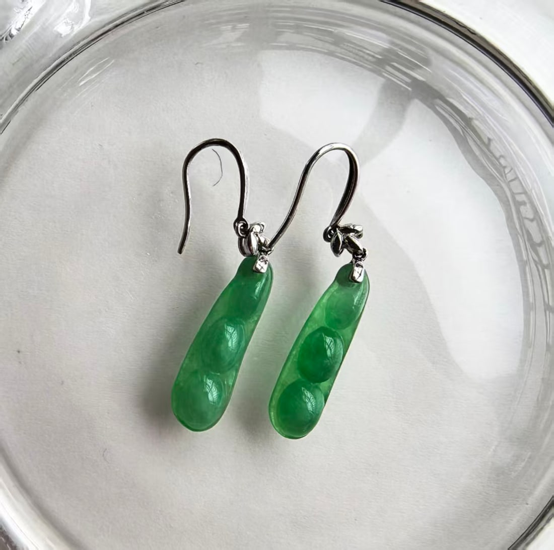 18K White Gold Natural Jadeite Jade Bean Earrings Green A Grade Fine Jewelry - 3