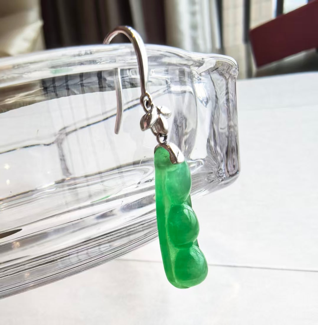18K White Gold Natural Jadeite Jade Bean Earrings Green A Grade Fine Jewelry - 4