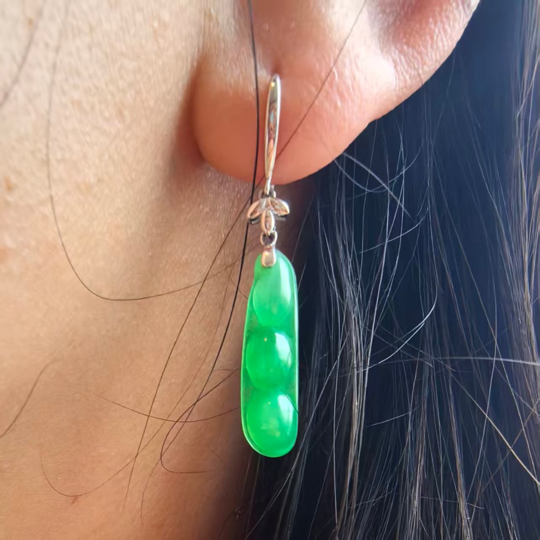 18K White Gold Natural Jadeite Jade Bean Earrings Green A Grade Fine Jewelry - 5