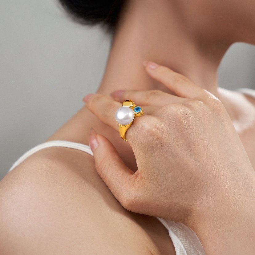 11-12mm Freshwater Pearl Ring, Blue Topaz 925 Silver Adjustable Ring - 10