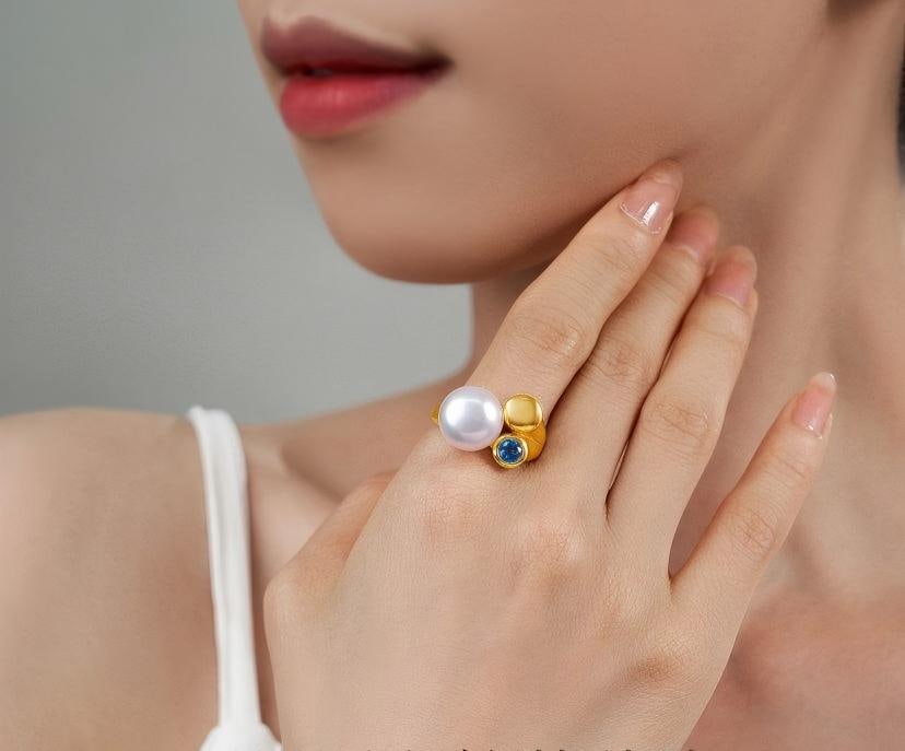 11-12mm Freshwater Pearl Ring, Blue Topaz 925 Silver Adjustable Ring - 2