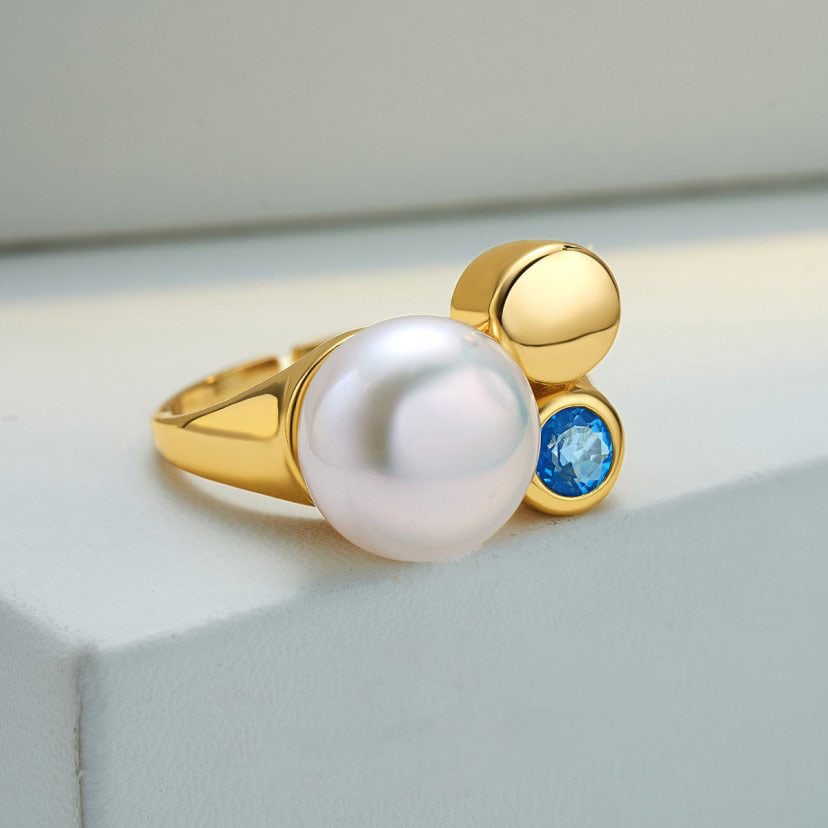 11-12mm Freshwater Pearl Ring, Blue Topaz 925 Silver Adjustable Ring - 5