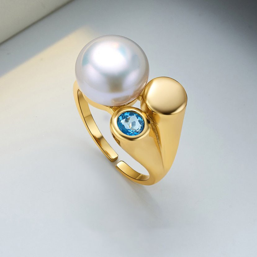 11-12mm Freshwater Pearl Ring, Blue Topaz 925 Silver Adjustable Ring - 6