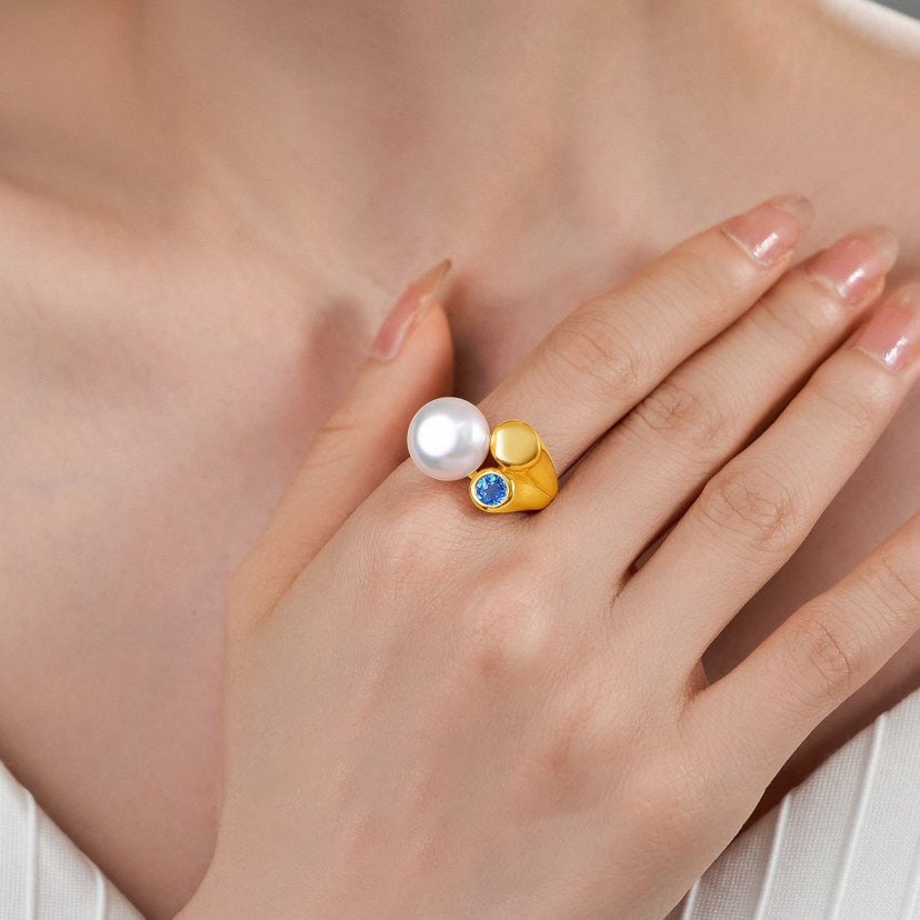 11-12mm Freshwater Pearl Ring, Blue Topaz 925 Silver Adjustable Ring - 7