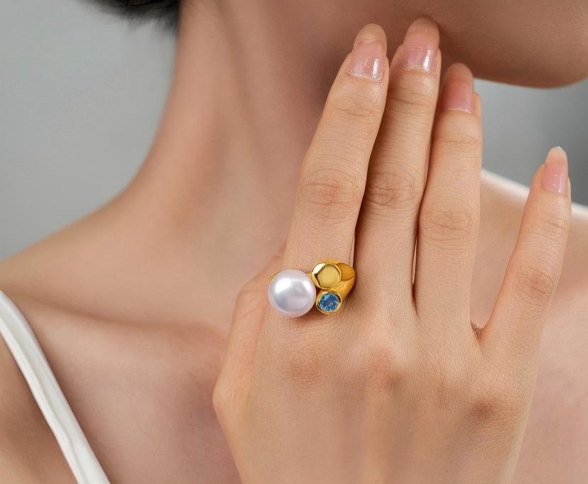 11-12mm Freshwater Pearl Ring, Blue Topaz 925 Silver Adjustable Ring - 8