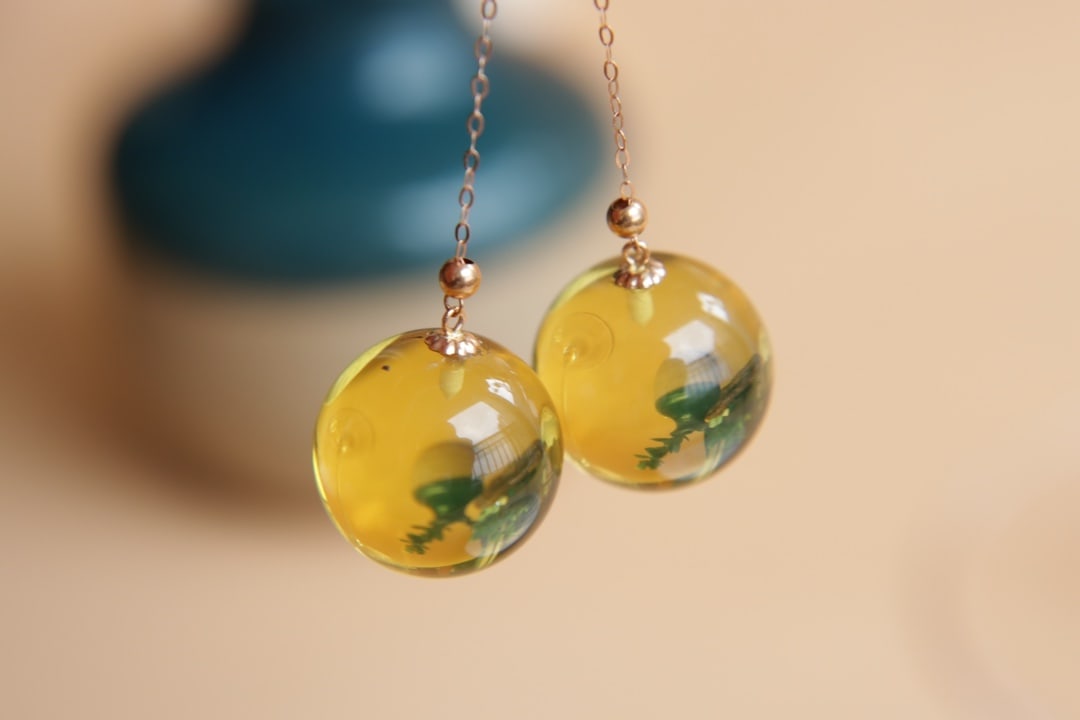 18K Gold Blue Amber Earrings - 2