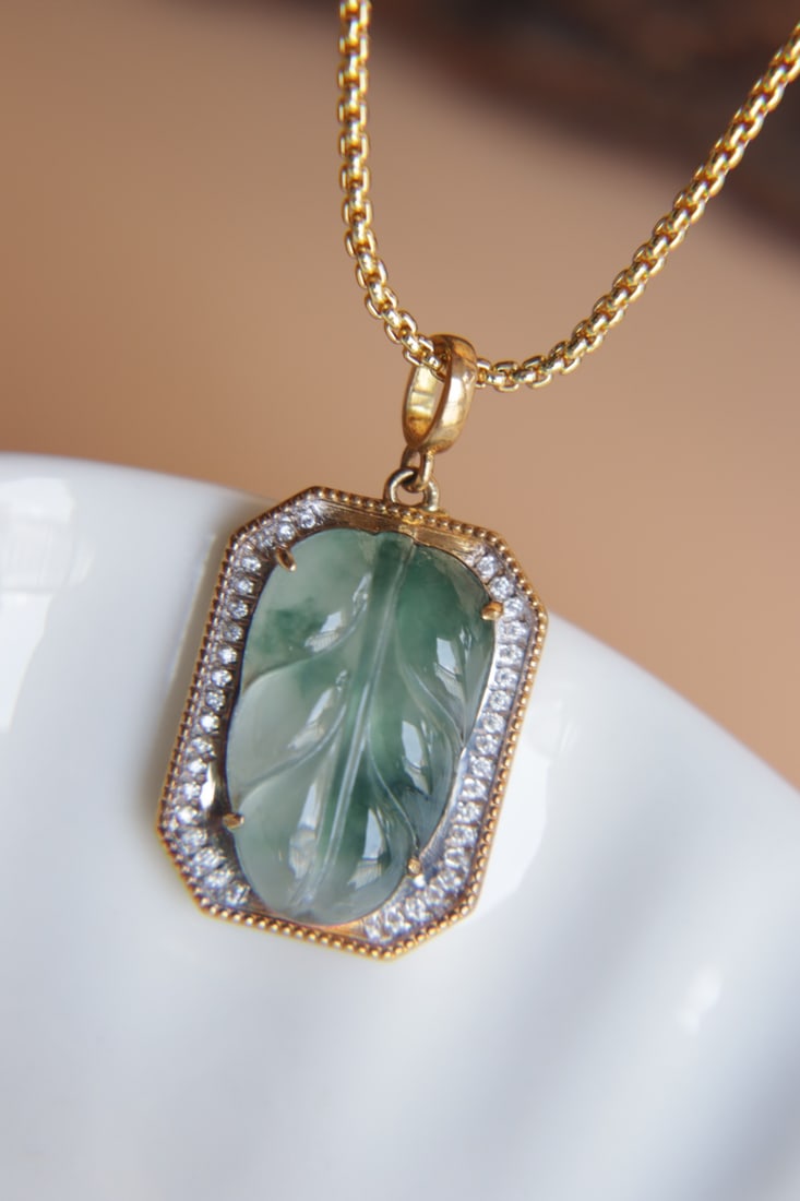 18K Gold Natural Jade Pendant - 6