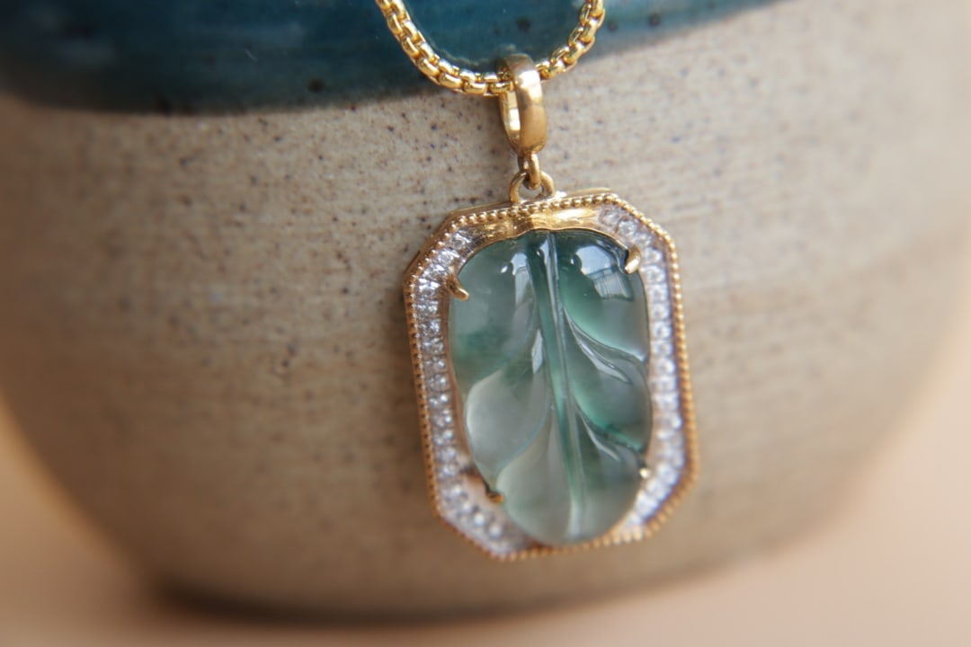 18K Gold Natural Jade Pendant - 7