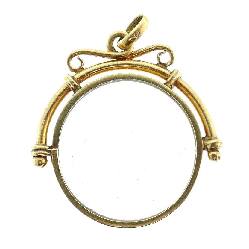 Vintage 14k Yellow Gold Framed Glass Circle Pendant: Title: Vintage 14k Yellow Gold Framed Glass Circle Pendant Description: Fine Jewelry, Arts & Antiques NS U00 Vintage 14k yellow gold framed glass circle pendantStamped with a hallmark for 14k gold Mea