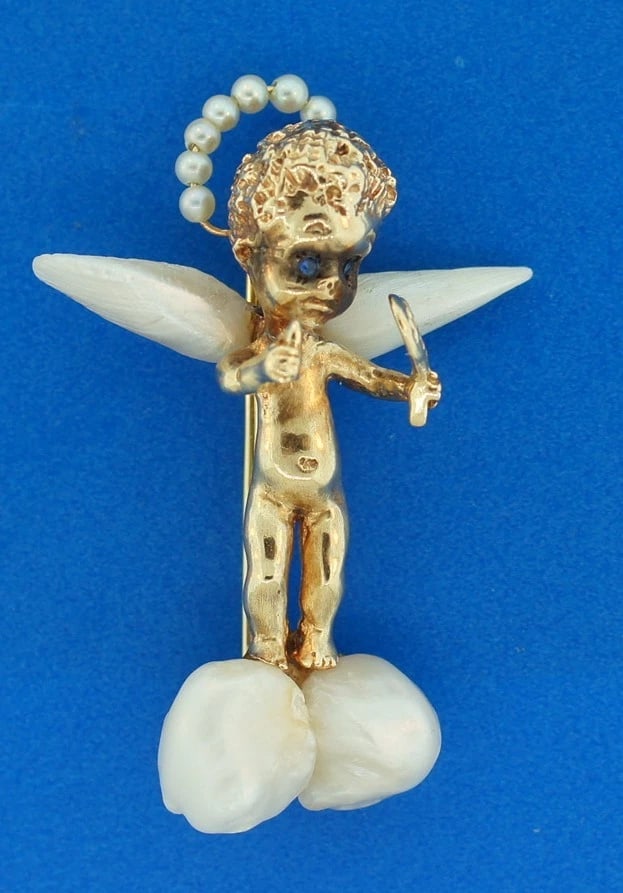 VINTAGE UNIQUE RARE 14K YELLOW GOLD & PEARLS CHERUB BY CJS C.1960 CHARMING: Title: VINTAGE UNIQUE RARE 14K YELLOW GOLD & PEARLS CHERUB BY CJS C.1960 CHARMING Description: Fine Jewelry, Arts & Antiques Purveyors and Purchasers of Antique and Estate Pieces, AUTHENTIC RARE PIECE