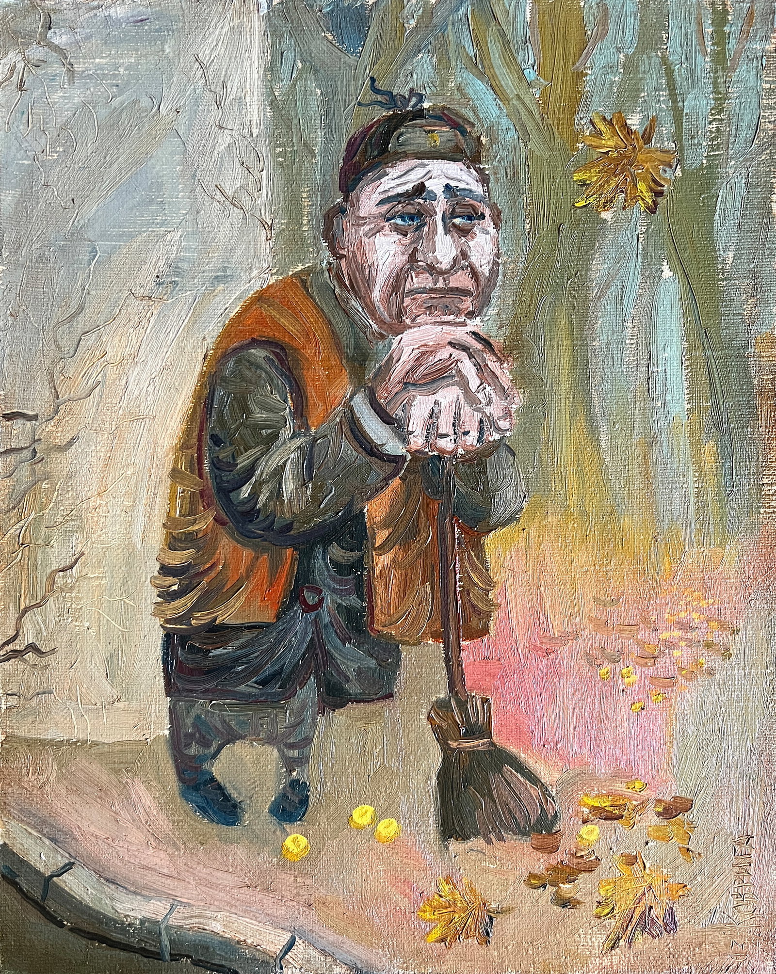 Oil painting with frame Janitor, Autumn K. Leonid: Title: Oil painting with frame Janitor, Autumn K. Leonid Description: 730KK Painter: K. Leonid Size: 50x40 cm/ 19.68x15.74 inches Components: oil, canvas Original painting CONDITION: exellent ERA:2003