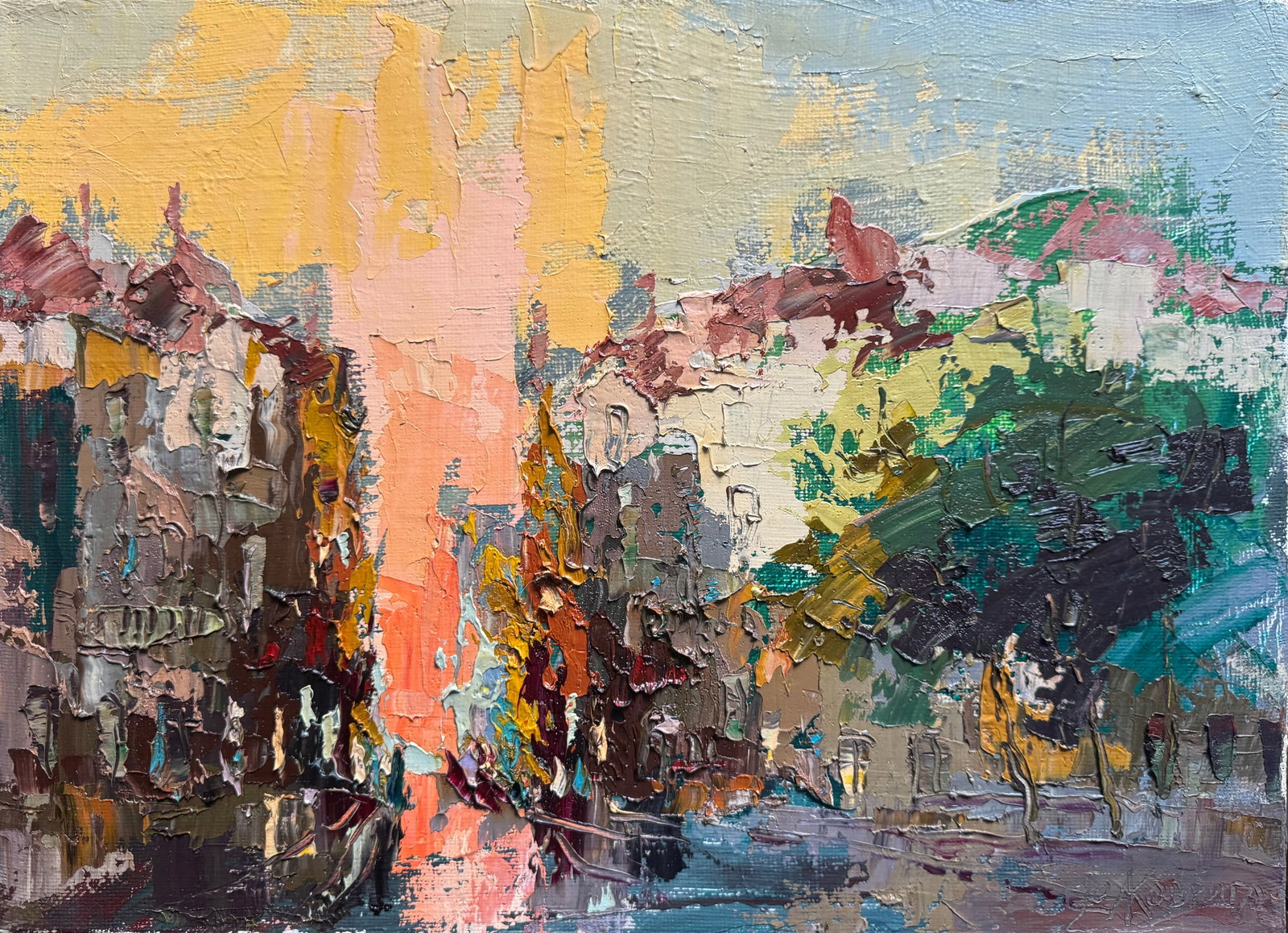 Oil painting with frame Evening city K. Leonid: Title: Oil painting with frame Evening city K. Leonid Description: 830KK Painter: K. Leonid Size: 40x55 cm/ 15.75x21.65 inches Components: oil, canvas Original painting CONDITION: exellent ERA:2020 AR