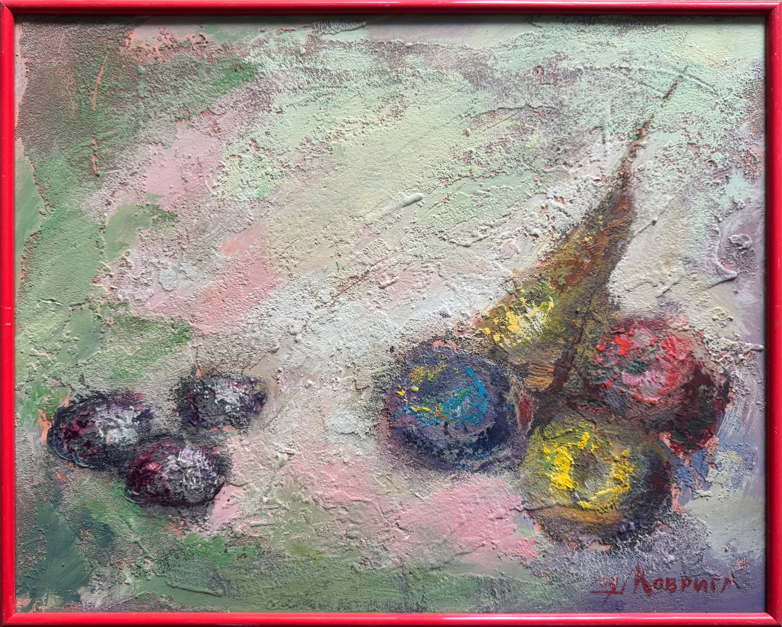 Acrylic painting with frame Fruit K. Leonid: Title: Acrylic painting with frame Fruit K. Leonid Description: 854KK Painter: K. Leonid Size: 40x50 cm/ 15.75x19.68 inches Components: acrylic, fiberboard Original painting CONDITION: exellent ERA:20