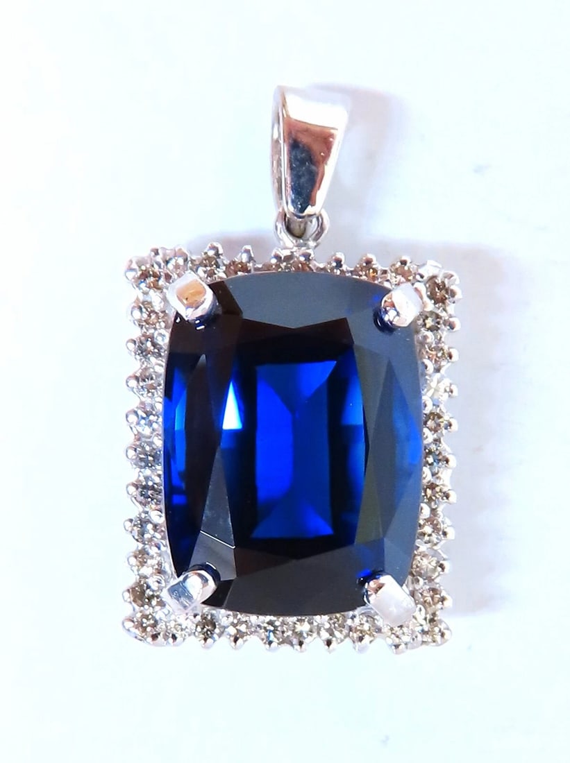 23.40ct Lab Cushion Blue Sapphire Diamonds pendant 14kt **: Title: 23.40ct Lab Cushion Blue Sapphire Diamonds pendant 14kt ** Description: MAGNIFICENT JEWELS 23.40ct. Lab Created Sapphire Pendant Royal Blue Color clean clarity & transparent Brilliant Cushion c