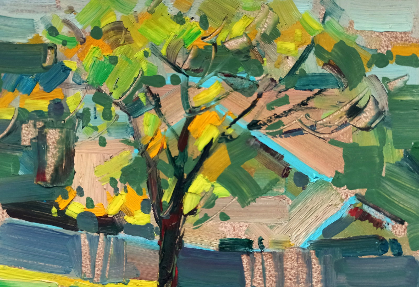 Oil painting View of the autumn village Viktor Khadzhinov: Title: Oil painting View of the autumn village Viktor Khadzhinov Description: 25KHADZ Painter: Viktor Khadzhinov Size: 16x12 cm/6.29x4.72 inches Components: oil, cardboard Original painting CONDITION: