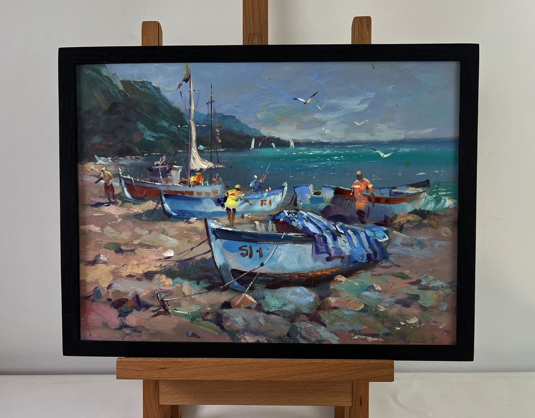 Oil painting Fishermen under the light of the sea Yuri Suprunchuk: Title: Oil painting Fishermen under the light of the sea Yuri Suprunchuk Description: No. AAA5479The Oil painting on Cardboard titled “Fishermen under the Light of the Sea” vividly captures th