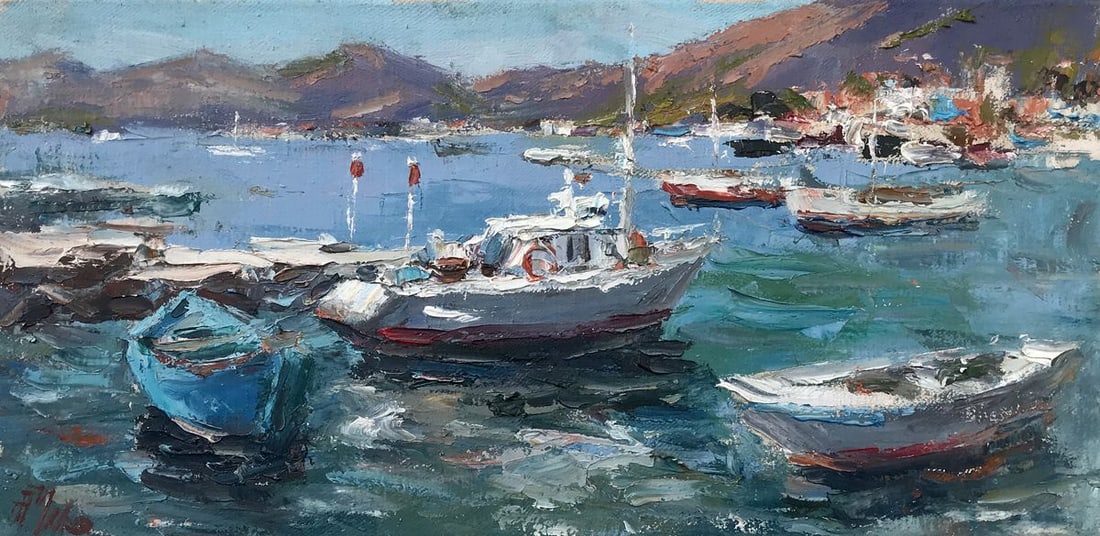 Oil painting Yacht port Alexander Nikolaevich Cherednichenko: Title: Oil painting Yacht port Alexander Nikolaevich Cherednichenko Description: No. AAA2675 The oil painting captures the serene beauty of a yacht club nestled in a picturesque location. The color pa